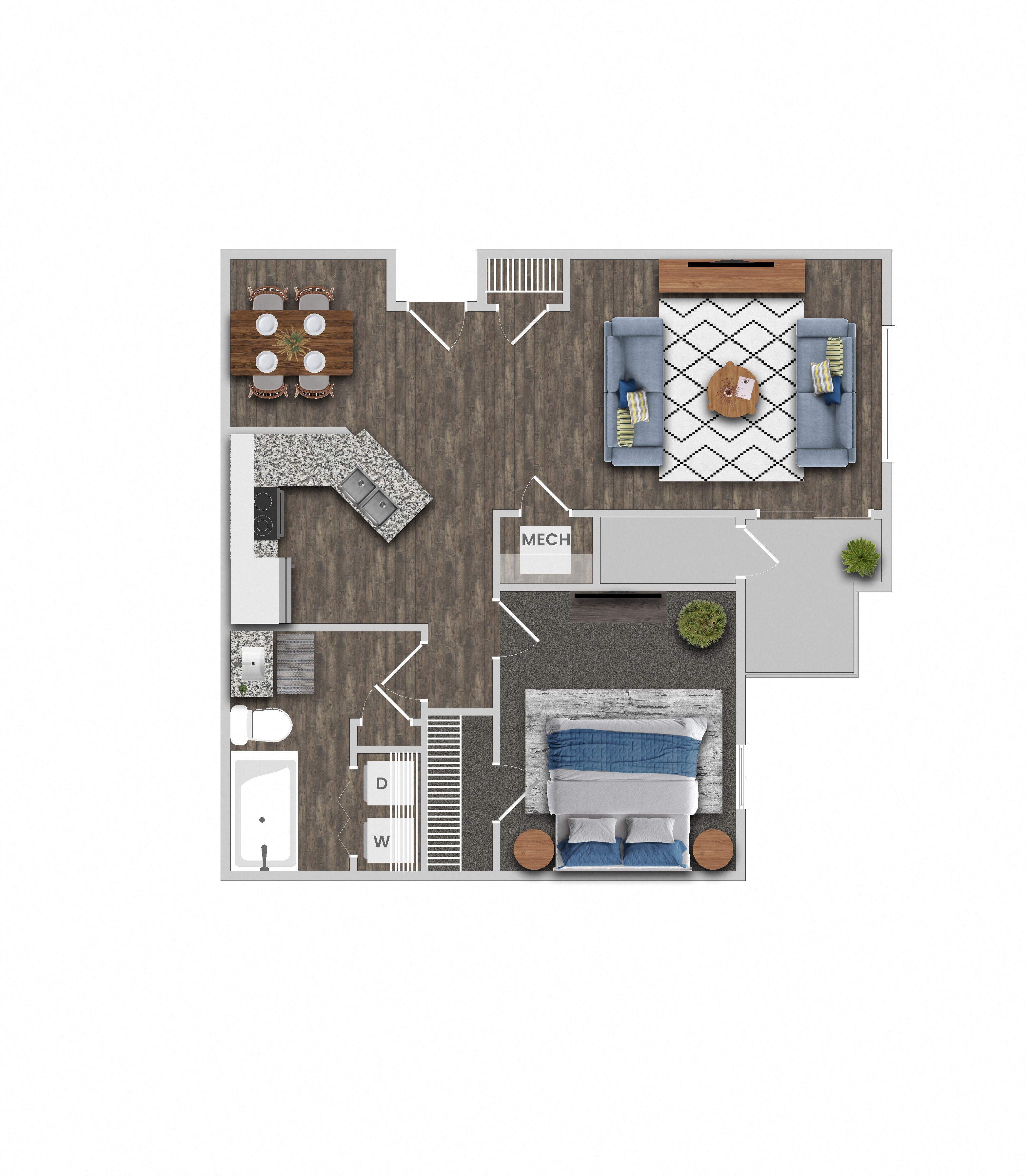 Floor plan for 1 bed, 1 bath, 737 sqft